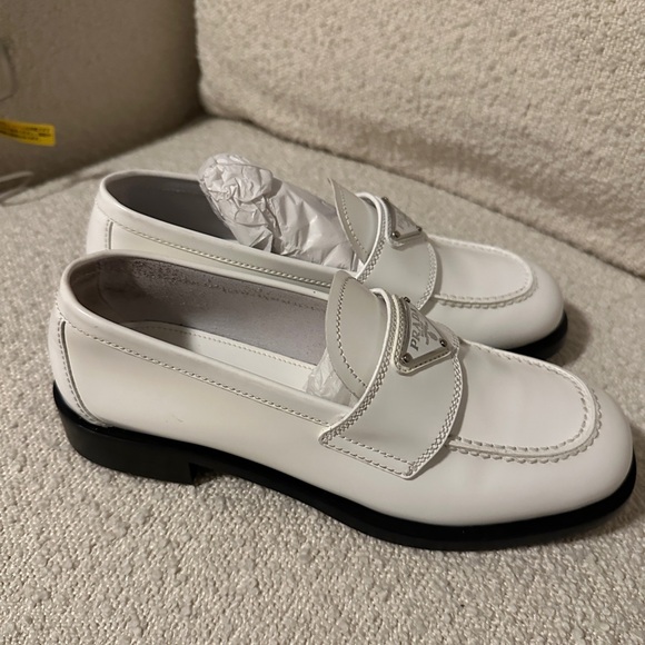 Prada White Leather Logo Penny Loafers - Picture 6 of 7